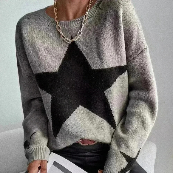 Grey Casual Women's Drop Shoulder Star Pattern Sweater - Picture 2 of 6